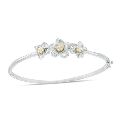 0.15 CT. T.W. Diamond Triple Pinwheel Flower Hinged Bangle in Sterling Silver and 10K Gold