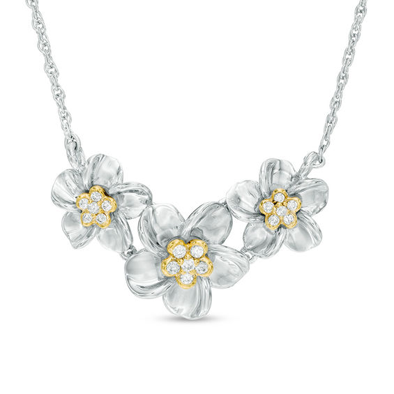 0.15 CT. T.W. Diamond Triple Pinwheel Flower Necklace in Sterling Silver and 10K Gold