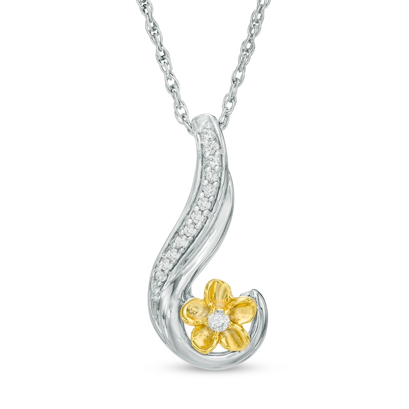 Diamond Accent Curlique Flower Pendant in Sterling Silver and 10K Gold|Peoples Jewellers