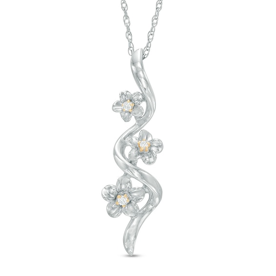 Diamond Accent Triple Pinwheel Flower Drop Pendant in Sterling Silver and 10K Gold