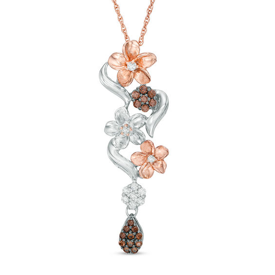 0.30 CT. T.W. Champagne and White Diamond Flower Pendant in Sterling Silver and 10K Rose Gold