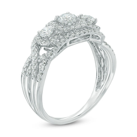 0.95 CT. T.W. Certified Canadian Diamond Three Stone Frame Engagement Ring in 14K White Gold (I/I2)