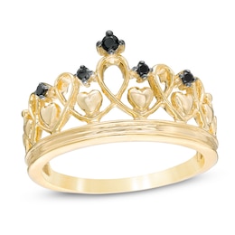 Black Diamond Accent Heart Crown Ring in Sterling Silver with 14K Gold Plate