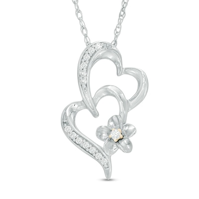 0.09 CT. T.W. Diamond Tilted Double Heart Flower Pendant in Sterling Silver and 10K Gold