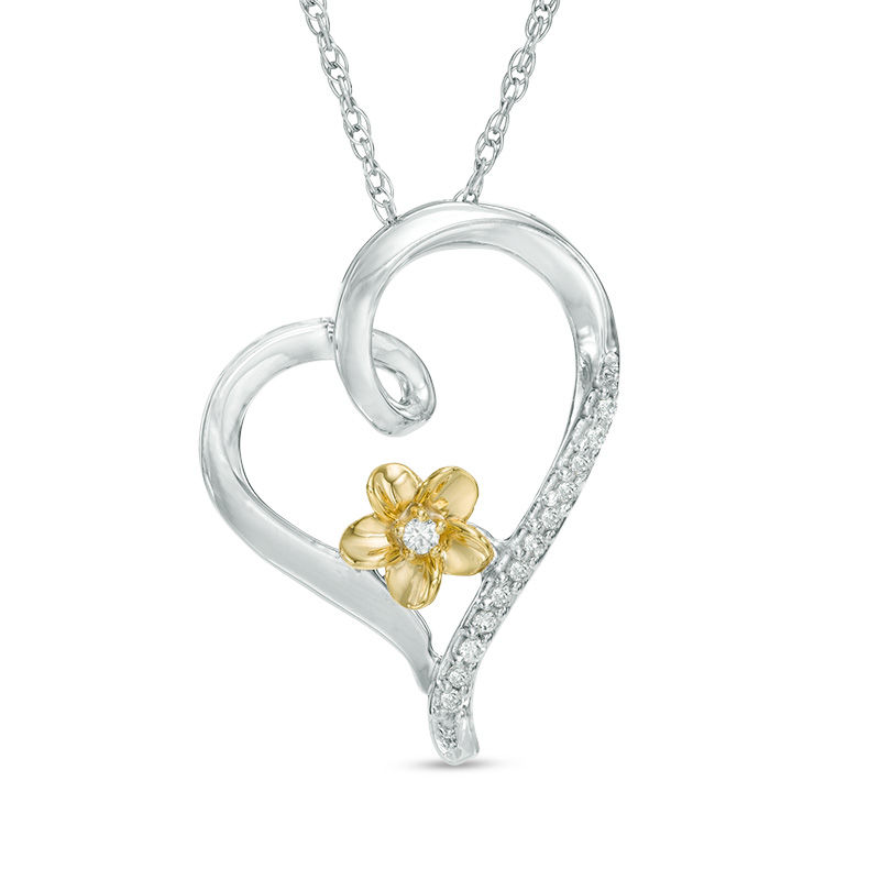 Diamond Accent Tilting Heart Flower Pendant in Sterling Silver and 10K Gold|Peoples Jewellers