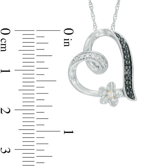 0.11 CT. T.W. Enhanced Black and White Diamond Tilted Heart Flower Pendant in Sterling Silver and 10K Gold