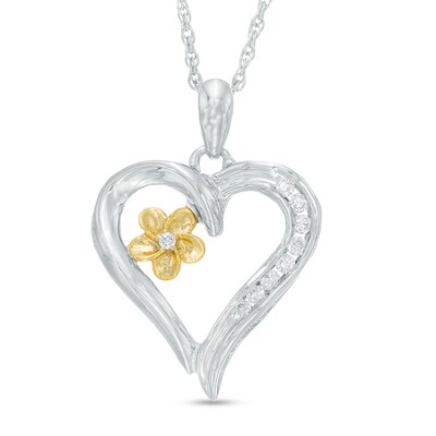 0.09 CT. T.W. Diamond Heart Flower Pendant in Sterling Silver and 10K Gold