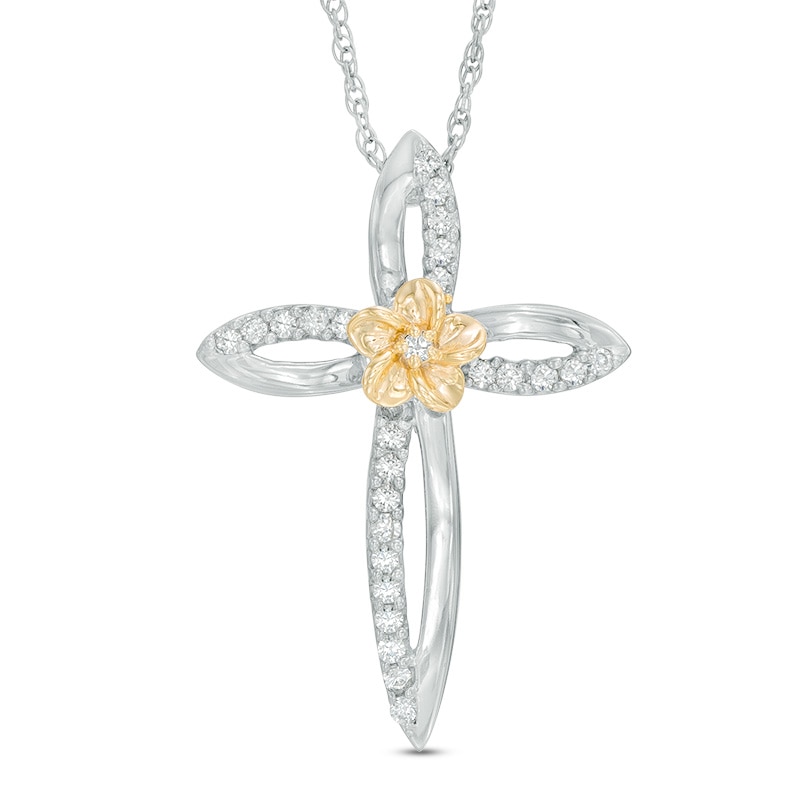 0.23 CT. T.W. Diamond Open Cross Flower Pendant in Sterling Silver and 10K Gold|Peoples Jewellers