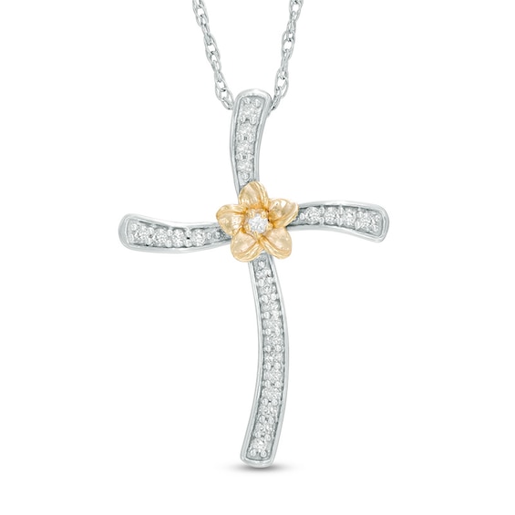 0.15 CT. T.W. Diamond Curved Cross Flower Pendant in Sterling Silver and 10K Gold