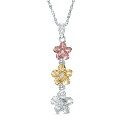 Diamond Accent Flower Triple Drop Pendant in Sterling Silver and 10K Two-Tone Gold