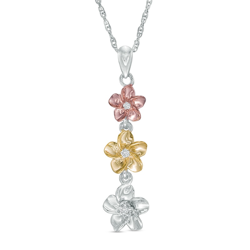 Diamond Accent Flower Triple Drop Pendant in Sterling Silver and 10K Two-Tone Gold|Peoples Jewellers