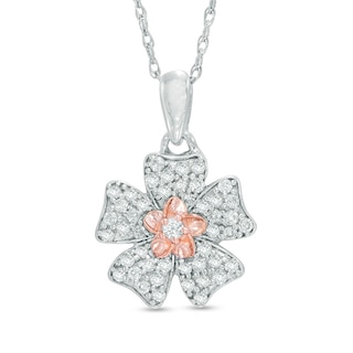 0.30 CT. T.W. Diamond Double Flower Pendant in Sterling Silver and 10K Rose Gold