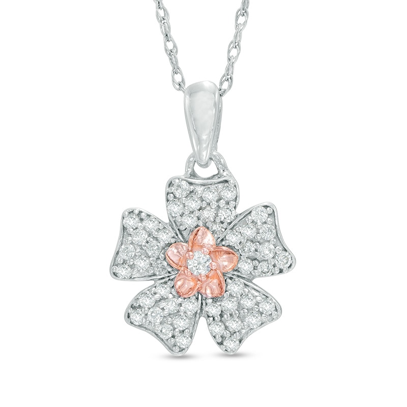 0.30 CT. T.W. Diamond Double Flower Pendant in Sterling Silver and 10K Rose Gold|Peoples Jewellers