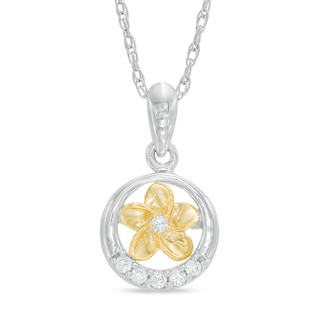 Diamond Accent Circle Frame Flower Pendant in Sterling Silver and 10K Gold