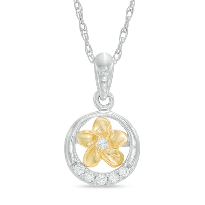 Diamond Accent Circle Frame Flower Pendant in Sterling Silver and 10K Gold