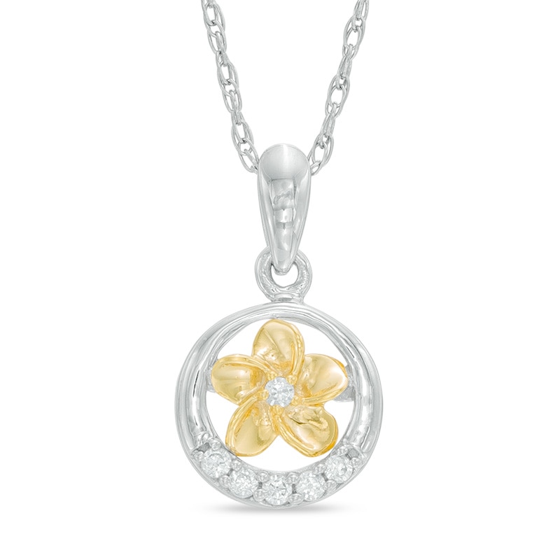 Diamond Accent Circle Frame Flower Pendant in Sterling Silver and 10K Gold|Peoples Jewellers