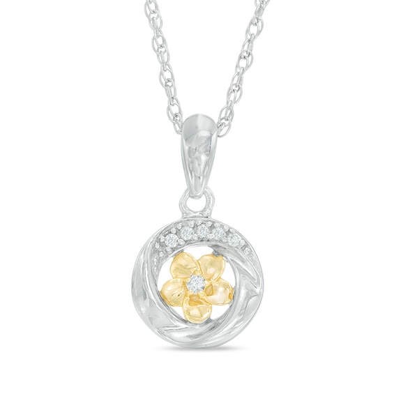 Diamond Accent Twisting Circle Frame Flower Pendant in Sterling Silver and 10K Gold