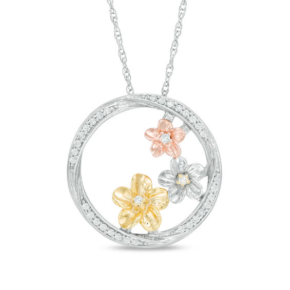 0.18 CT. T.W. Diamond Triple Pinwheel Flower Swirl Circle Pendant in Sterling Silver and 10K Two-Tone Gold