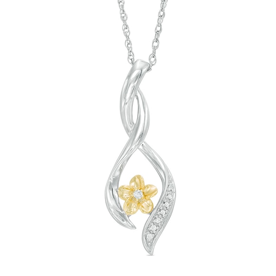 Diamond Accent Twist Ribbon Flower Pendant in Sterling Silver and 10K Gold