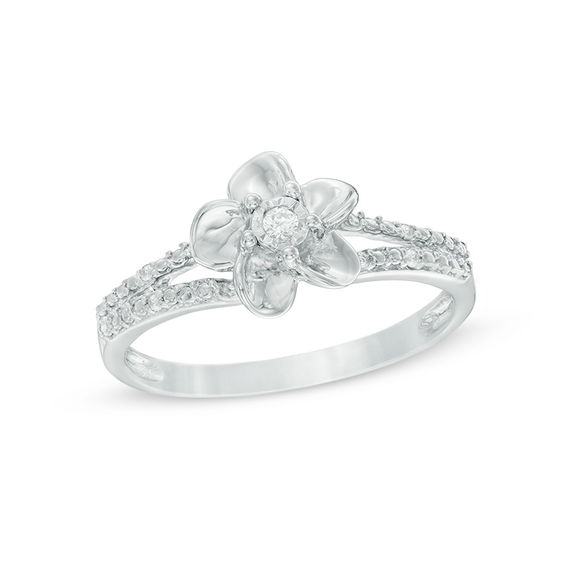 Diamond Accent Flower Split Shank Ring in 10K White Gold