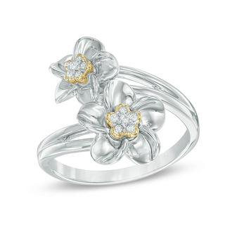 Diamond Accent Flower Bypass Ring in Sterling Silver and 10K Gold