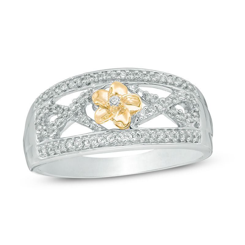 0.23 CT. T.W. Diamond Open Weave Flower Ring in Sterling Silver and 10K Gold
