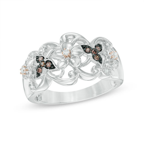 0.09 CT. T.W. Champagne and White Diamond Flower Ring in Sterling Silver and 10K Rose Gold