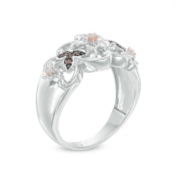 0.09 CT. T.W. Champagne and White Diamond Flower Ring in Sterling Silver and 10K Rose Gold