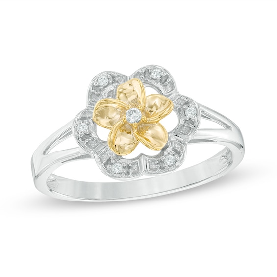 Diamond Accent Flower Frame Split Shank Ring in Sterling Silver and 10K Gold