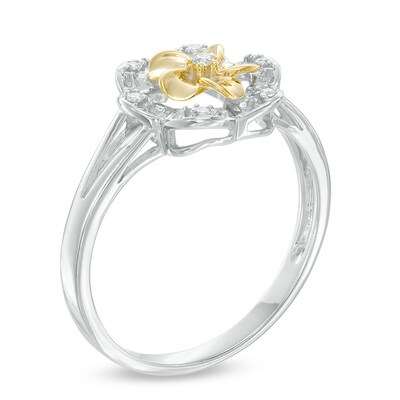 Diamond Accent Flower Frame Split Shank Ring in Sterling Silver and 10K Gold