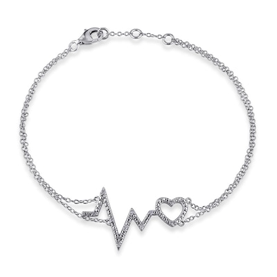 Diamond Accent Heartbeat and Heart Bracelet in Sterling Silver - 7.25"