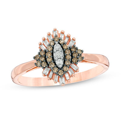 0.25 CT. T.W. Composite Champagne and White Diamond Marquise Sunburst Frame Ring in 10K Rose Gold