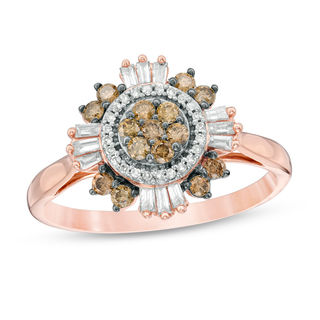 0.50 CT. T.W. Composite Champagne and White Diamond Sunburst Frame Ring in 10K Rose Gold