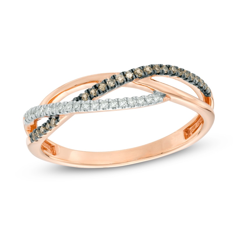0.15 CT. T.W. Champagne and White Diamond Crossover Ring in 10K Rose Gold