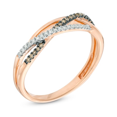 0.15 CT. T.W. Champagne and White Diamond Crossover Ring in 10K Rose Gold