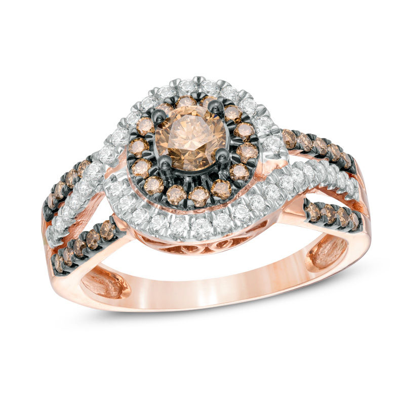 1.01 CT. T.W. Champagne and White Diamond Bypass Frame Ring in 10K Rose Gold|Peoples Jewellers