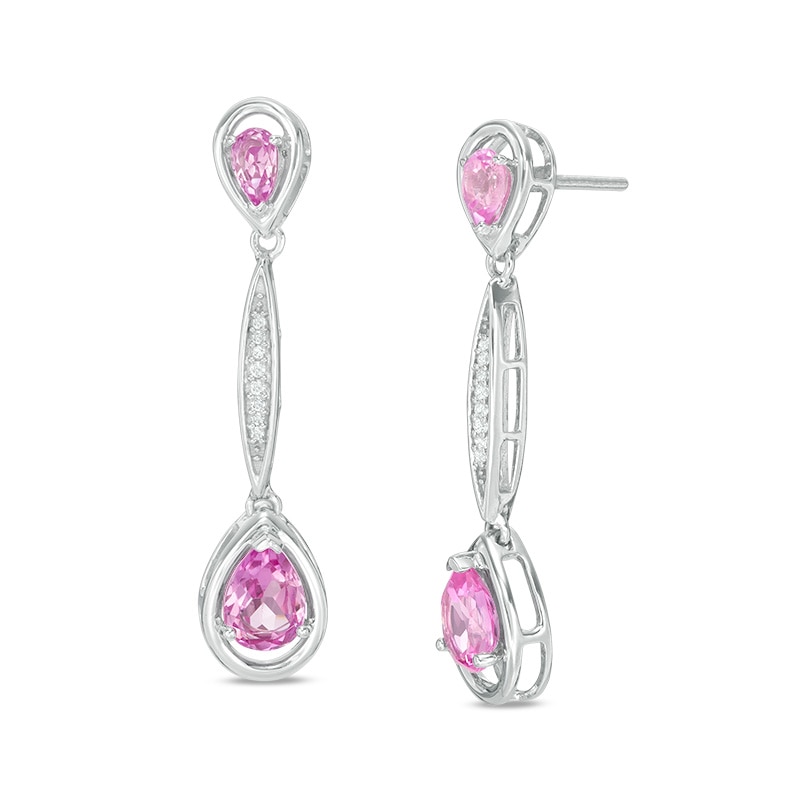 Pear-Shaped Lab-Created Pink Sapphire and Diamond Accent Drop Earrings in Sterling Silver|Peoples Jewellers