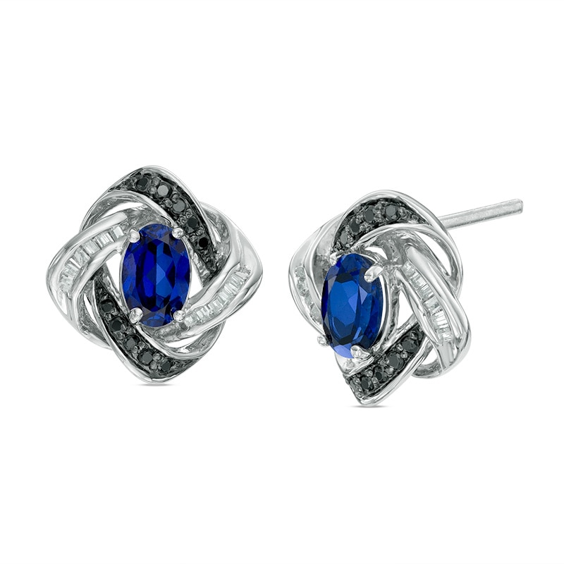Oval Lab-Created Blue Sapphire and 0.19 CT. T.W. Enhanced Black and White Diamond Orbit Stud Earrings in 10K White Gold|Peoples Jewellers