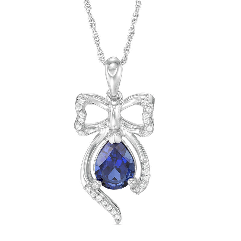 Pear-Shaped Lab-Created Blue Sapphire and 0.09 CT. T.W. Diamond Bow Pendant in Sterling Silver|Peoples Jewellers