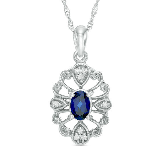 Oval Lab-Created Blue Sapphire and Diamond Accent Vintage-Style Pendant in Sterling Silver