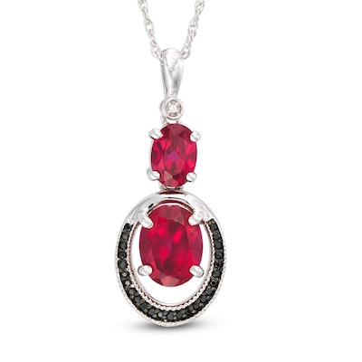 Oval Lab-Created Ruby and 0.09 CT. T.W. Enhanced Black and White Diamond Double Drop Pendant in 10K White Gold