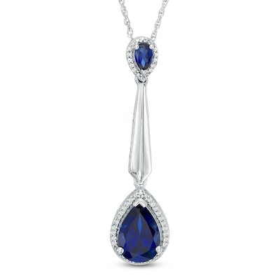 Pear-Shaped Lab-Created Blue Sapphire and 0.09 CT. T.W. Diamond Frame Drop Pendant in Sterling Silver