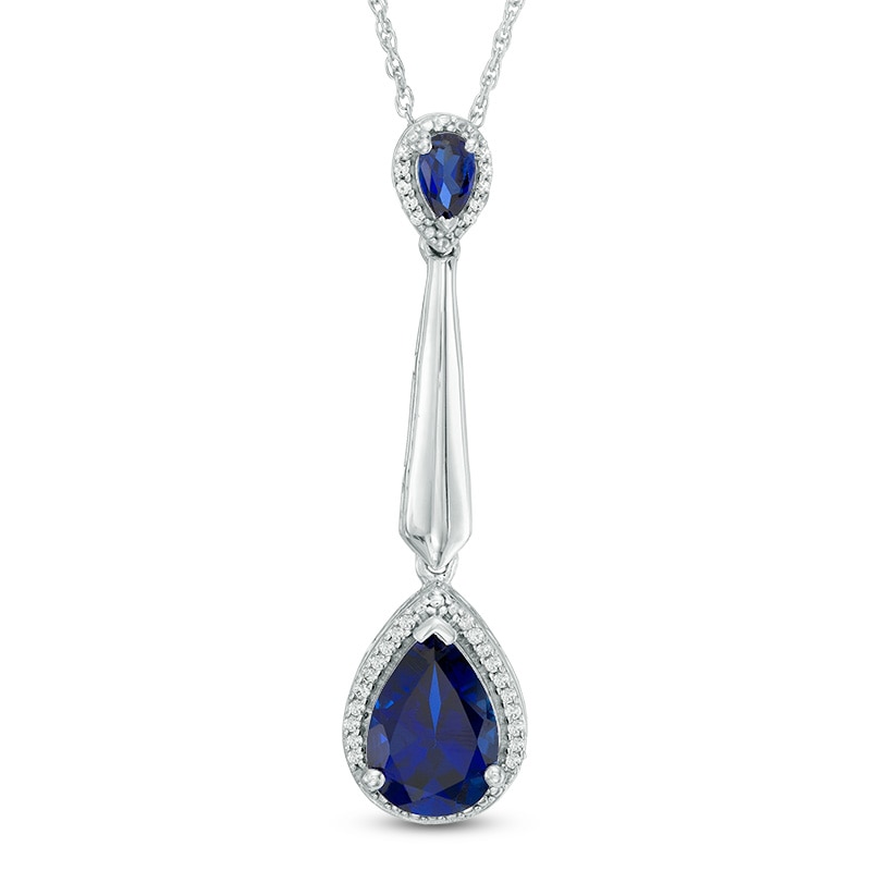 Pear-Shaped Lab-Created Blue Sapphire and 0.09 CT. T.W. Diamond Frame Drop Pendant in Sterling Silver|Peoples Jewellers
