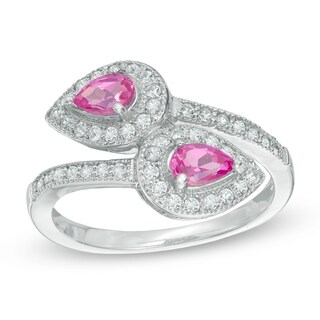 Pear-Shaped Lab-Created Pink and White Sapphire Bypass Ring in Sterling Silver