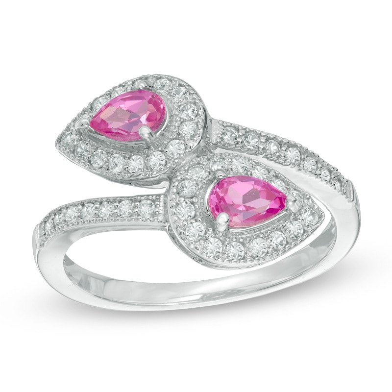 Pear-Shaped Lab-Created Pink and White Sapphire Bypass Ring in Sterling Silver|Peoples Jewellers