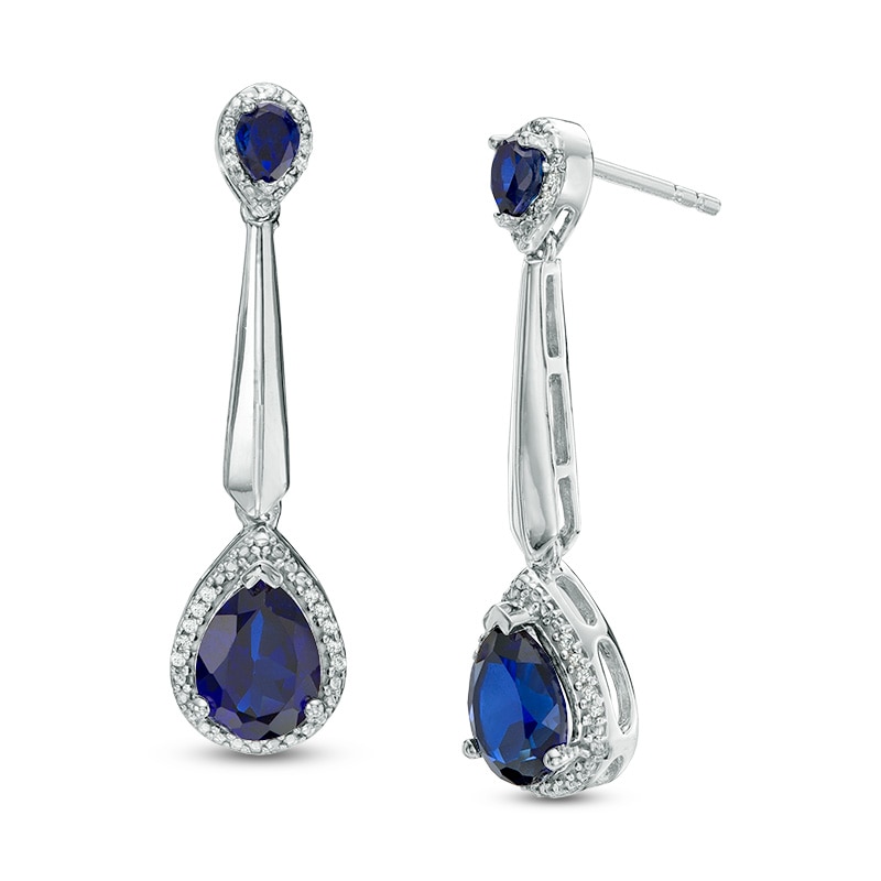 Pear-Shaped Lab-Created Blue Sapphire and Diamond Accent Frame Drop Earrings in Sterling Silver