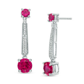 Lab-Created Ruby, White Sapphire and 0.13 CT. T.W. Diamond Drop Earrings in Sterling Silver