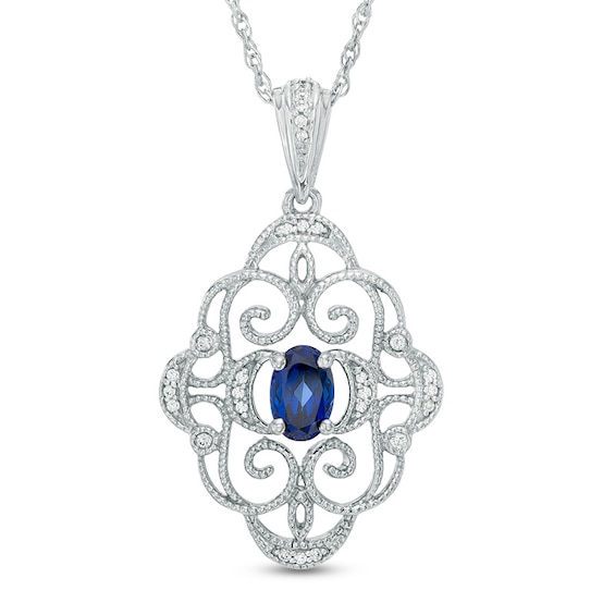 Oval Lab-Created Blue Sapphire and Diamond Accent Vintage-Style Pendant in Sterling Silver