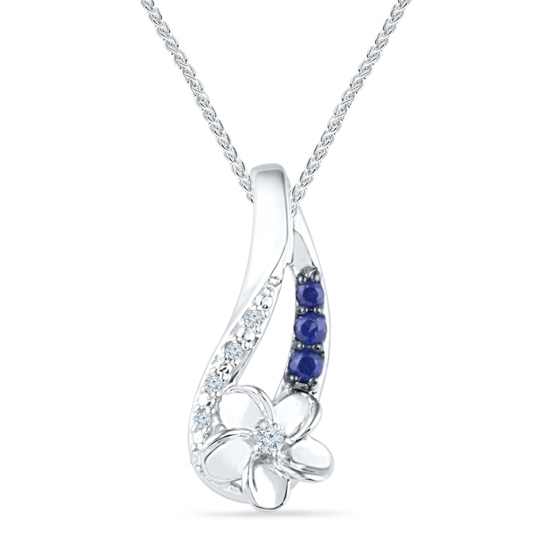 Lab-Created Blue Sapphire and Diamond Accent Flower Pendant in Sterling Silver|Peoples Jewellers
