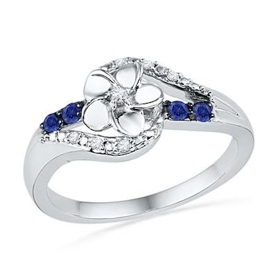 Lab-Created Blue Sapphire and Diamond Accent Bypass Flower Ring in Sterling Silver